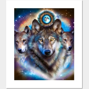 Cosmic Space Wolf Wolves Pack Moon Posters and Art